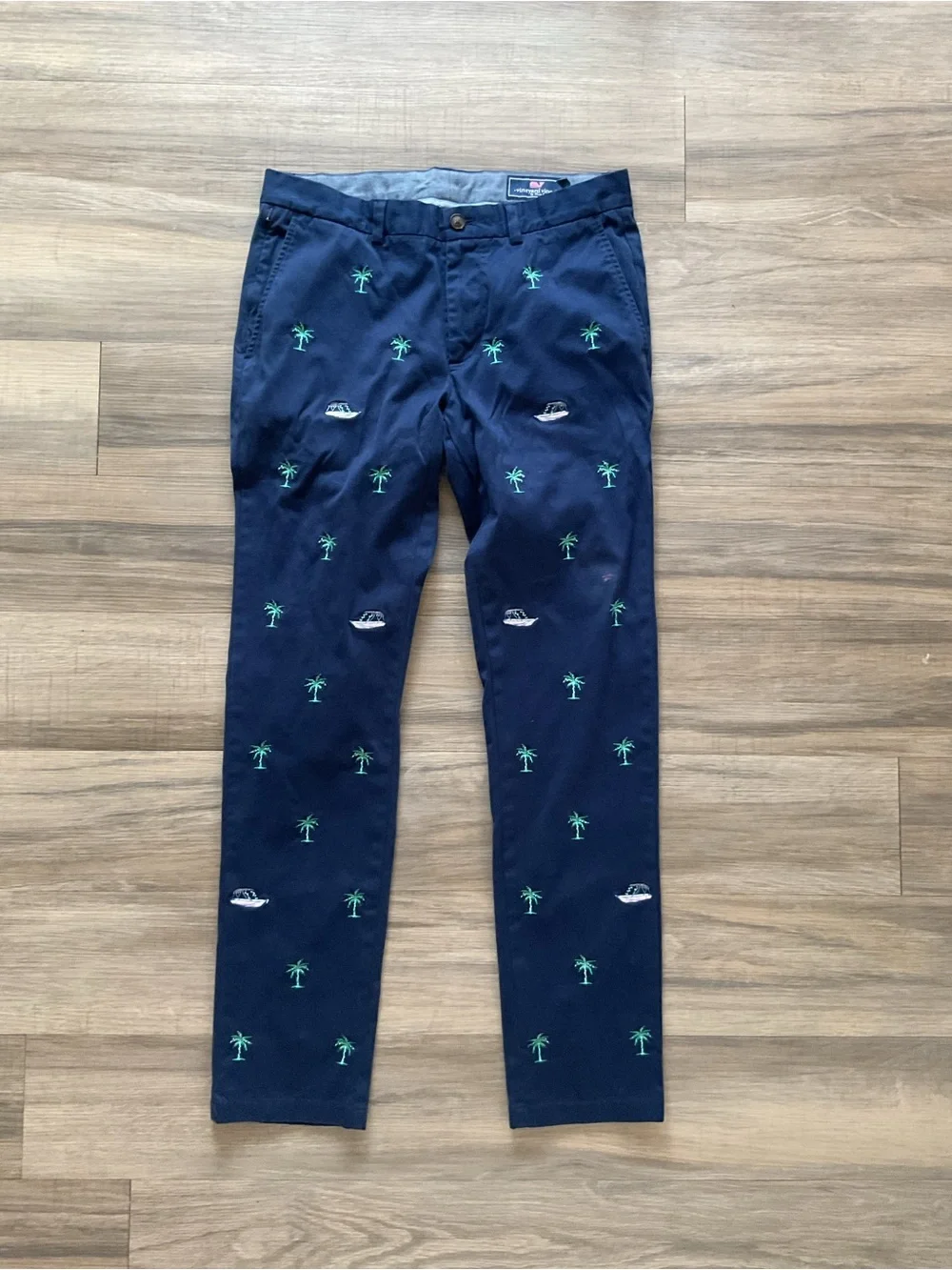 Vineyard Vines Navy Chino Pants with Green Palm Embroidery